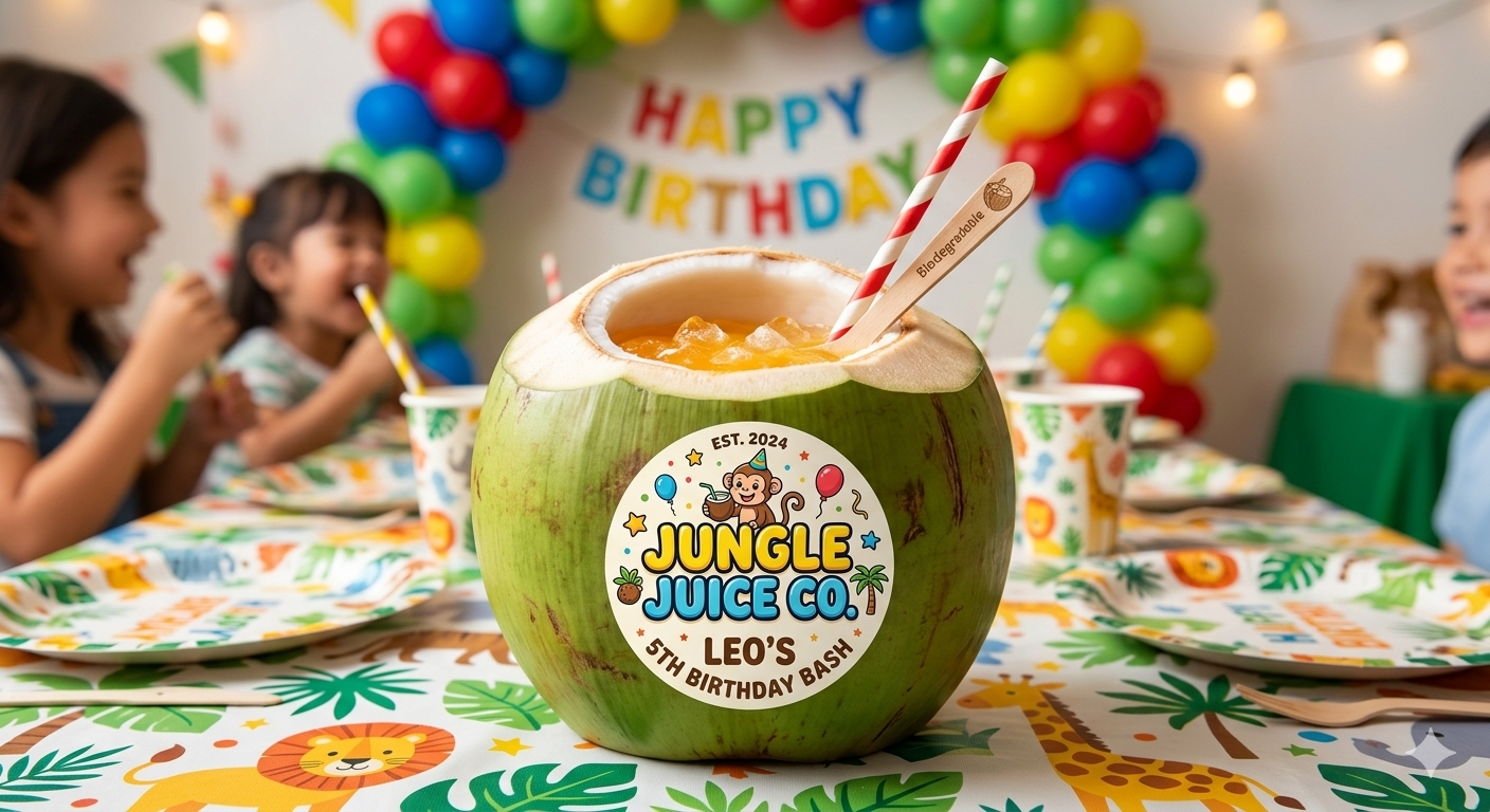 Branded coconut drinks at a jungle-themed corporate birthday party in Anaheim, CA