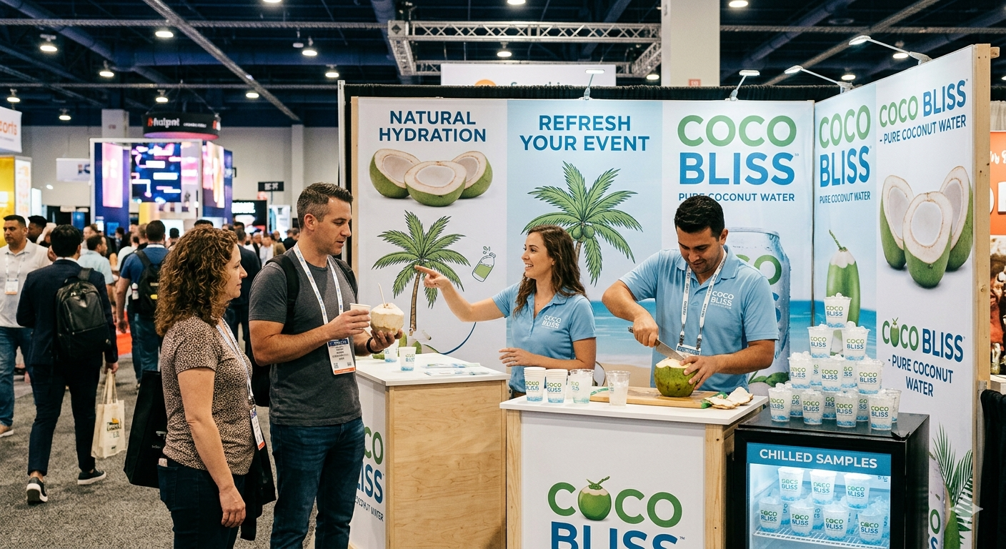 Branded coconut water trade show booth display at a Las Vegas convention event
