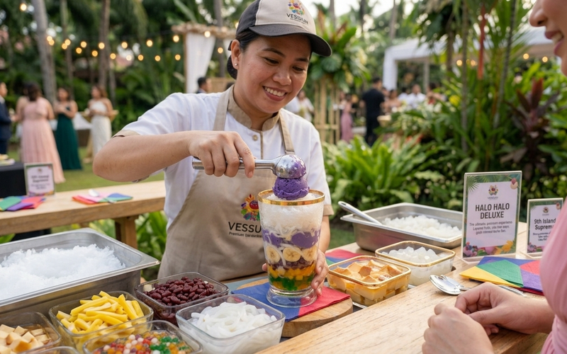 Server scooping purple ube halo halo dessert at a live catering station in Las Vegas, NV