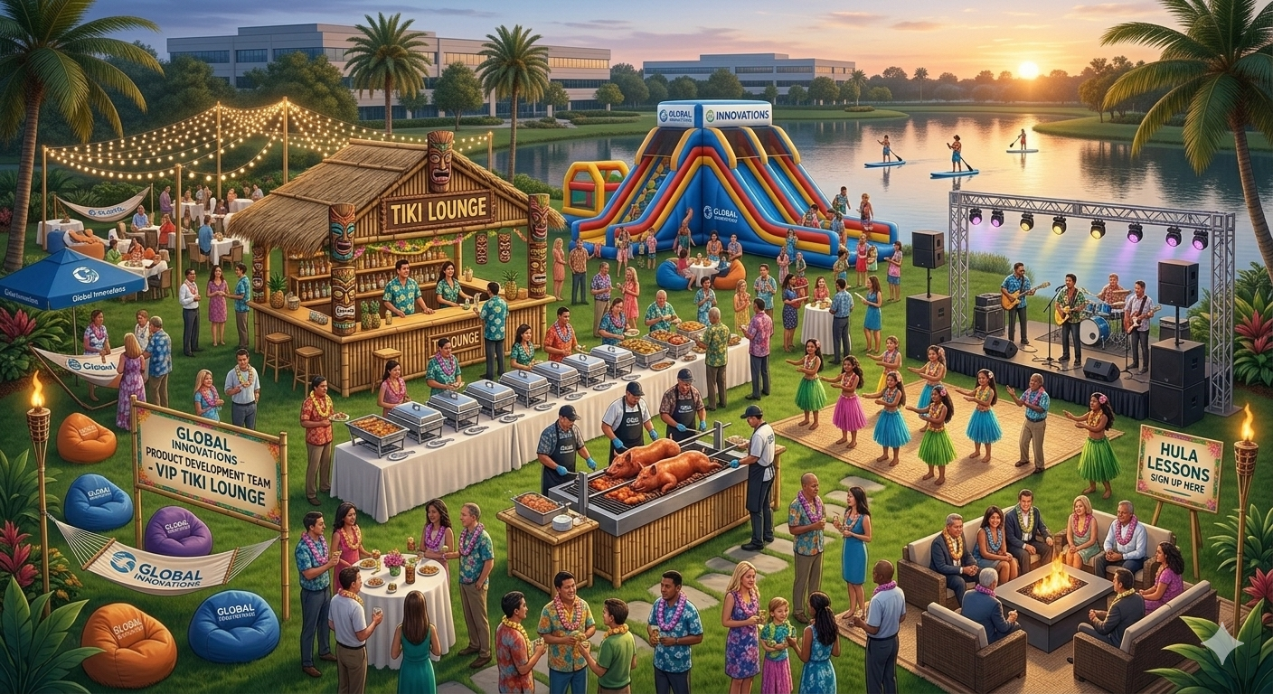 Corporate luau tiki lounge with soft serve dessert station at a Las Vegas resort event