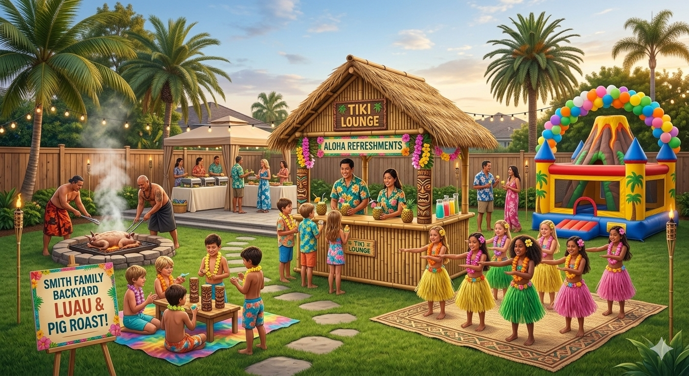 Hawaiian backyard luau party with soft serve dessert bar in Summerlin, Las Vegas