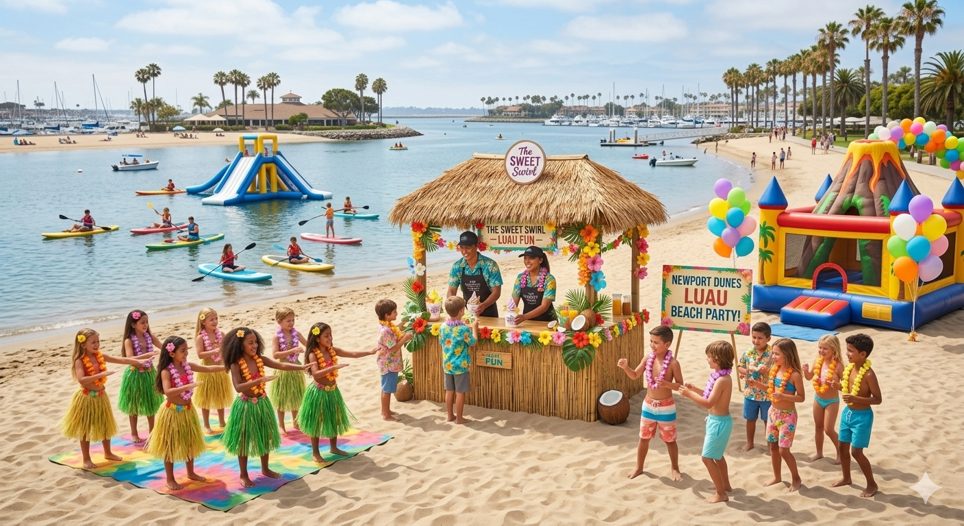 Beach luau party with kids, inflatables, and soft serve station in Anaheim, CA