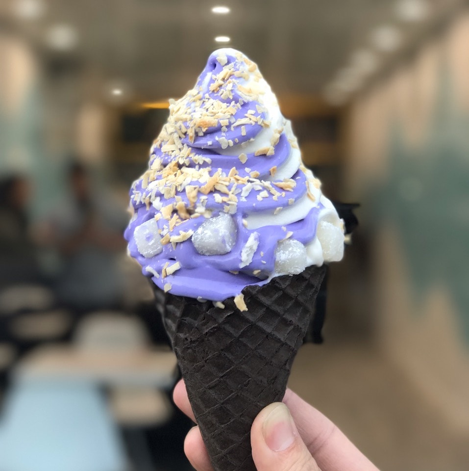 Ube vanilla swirl soft serve cone close-up served at Las Vegas and Southern California events